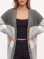 Blokenna Longline Open Front Cardigan – Colourblock Knit Women Oversized Longline Ribbed Cardigan