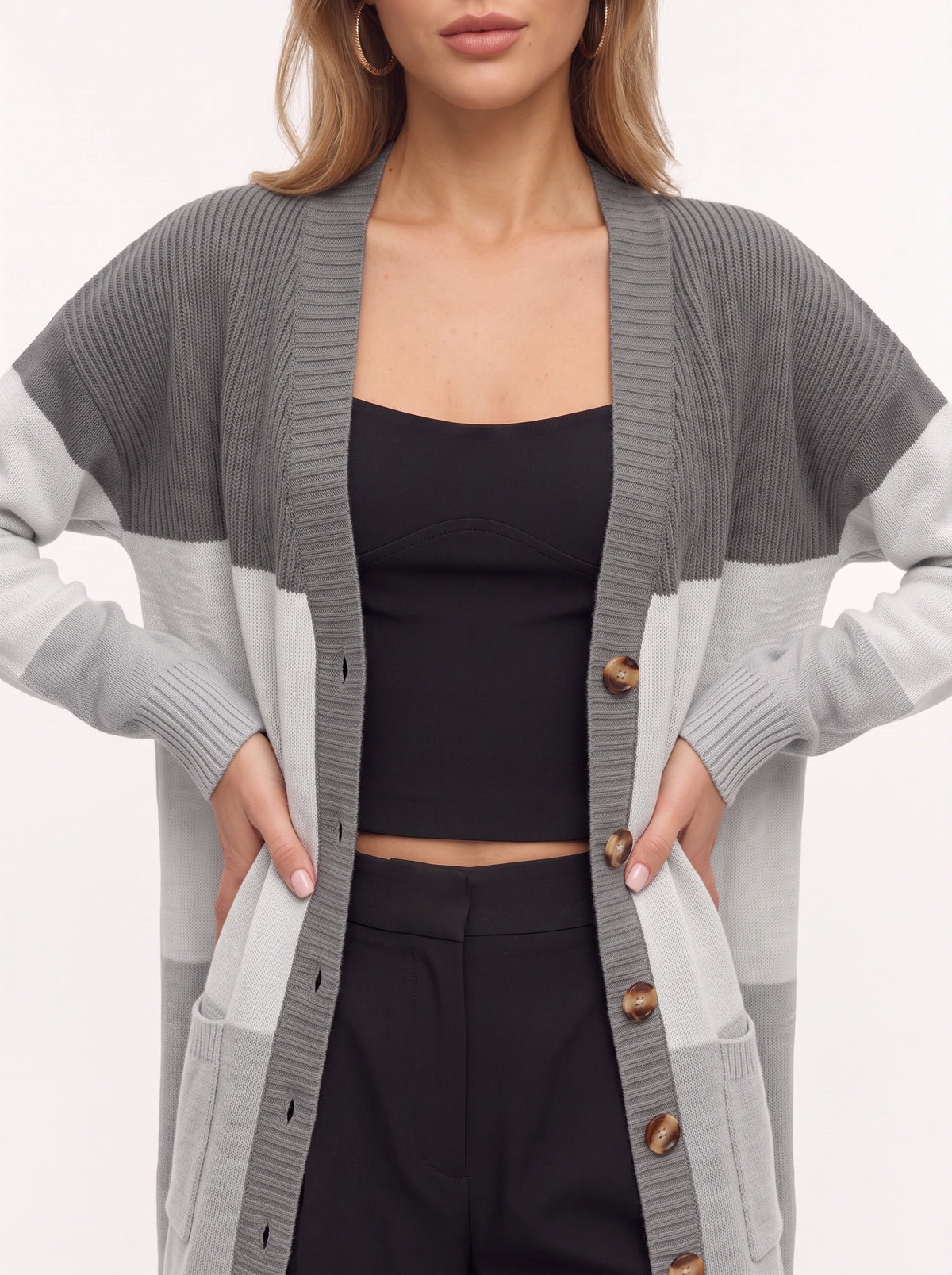 Blokenna Longline Open Front Cardigan – Colourblock Knit Women Oversized Longline Ribbed Cardigan