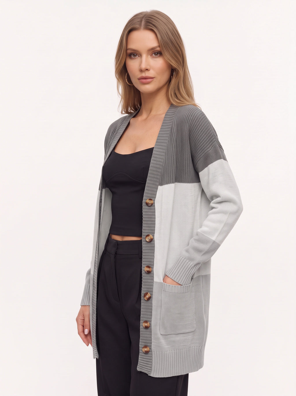 Blokenna Longline Open Front Cardigan – Colourblock Knit Women Oversized Longline Ribbed Cardigan