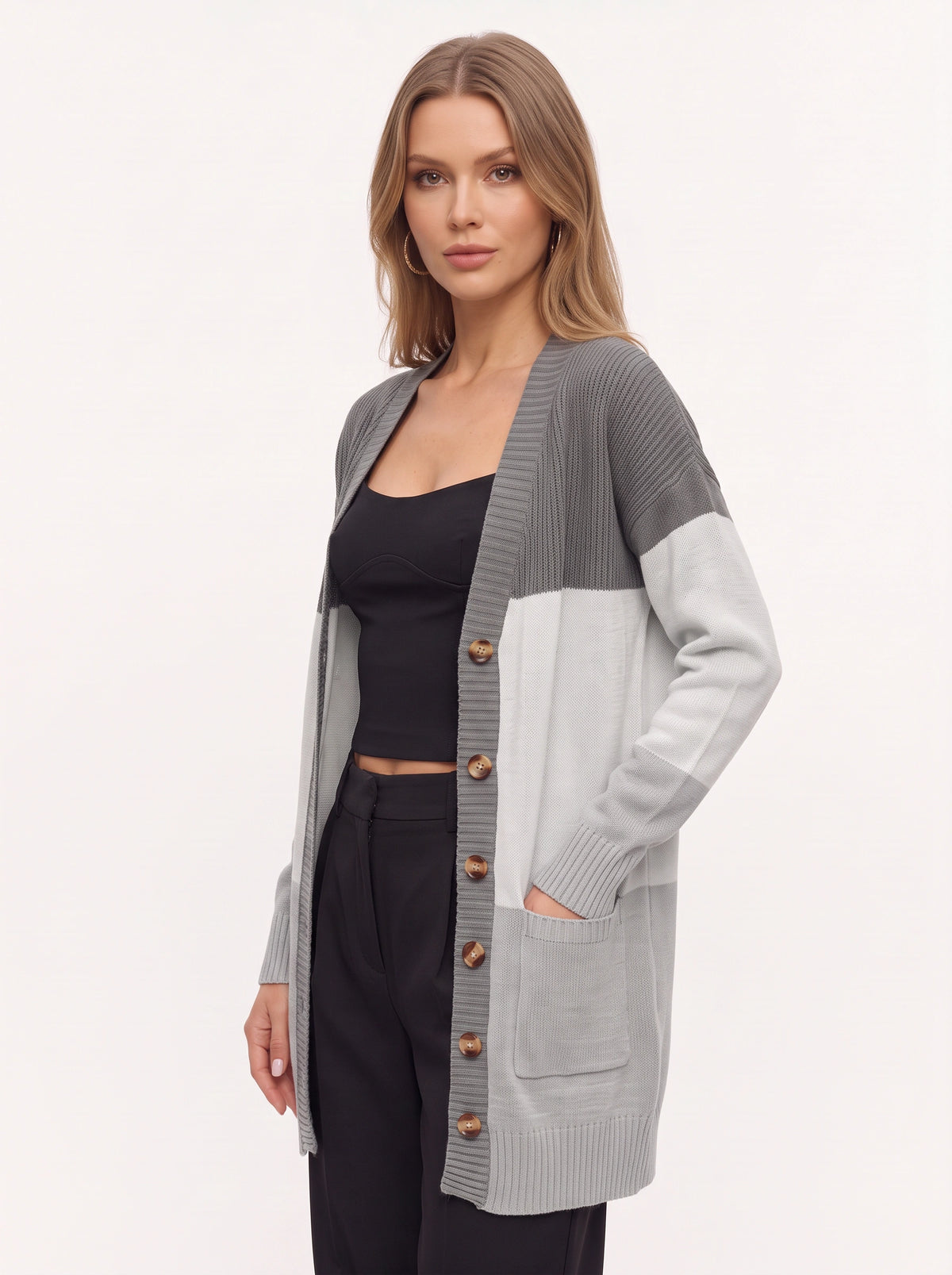 Blokenna Longline Open Front Cardigan – Colourblock Knit Women Oversized Longline Ribbed Cardigan