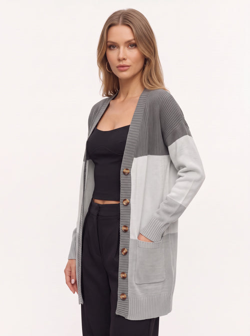 Blokenna Longline Open Front Cardigan – Colourblock Knit Women Oversized Longline Ribbed Cardigan