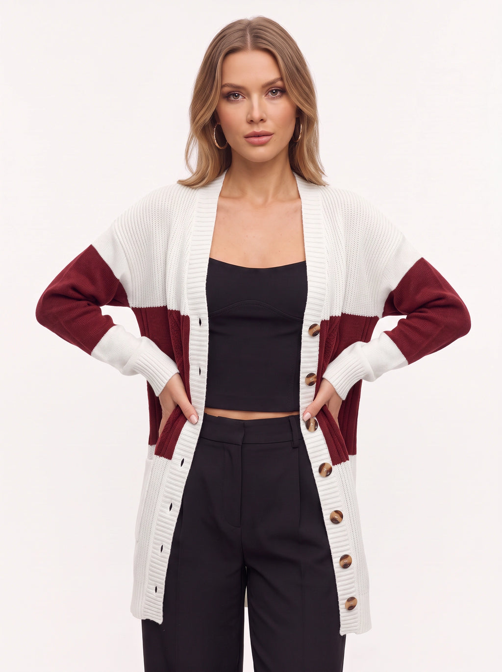 Blokenna Longline Open Front Cardigan – Colourblock Knit Women Oversized Longline Ribbed Cardigan
