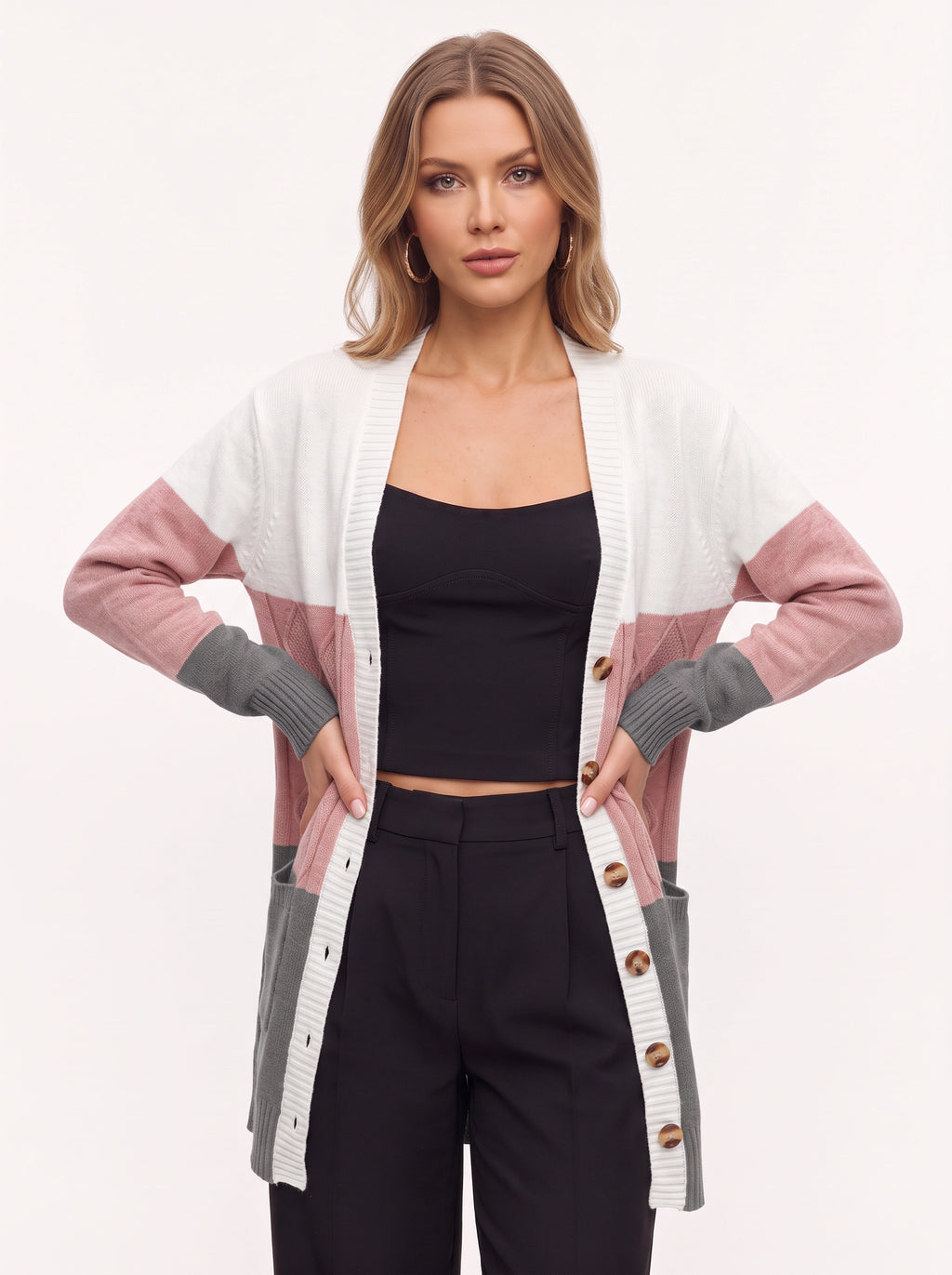 Blokenna Longline Open Front Cardigan – Colourblock Knit Women Oversized Longline Ribbed Cardigan