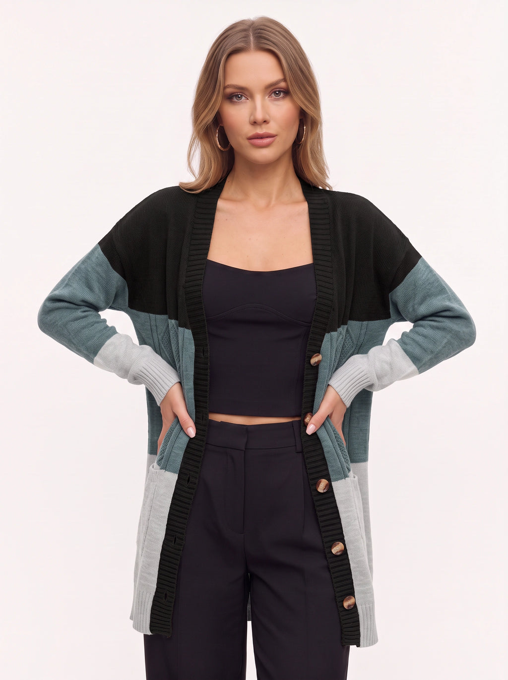 Blokenna Longline Open Front Cardigan – Colourblock Knit Women Oversized Longline Ribbed Cardigan