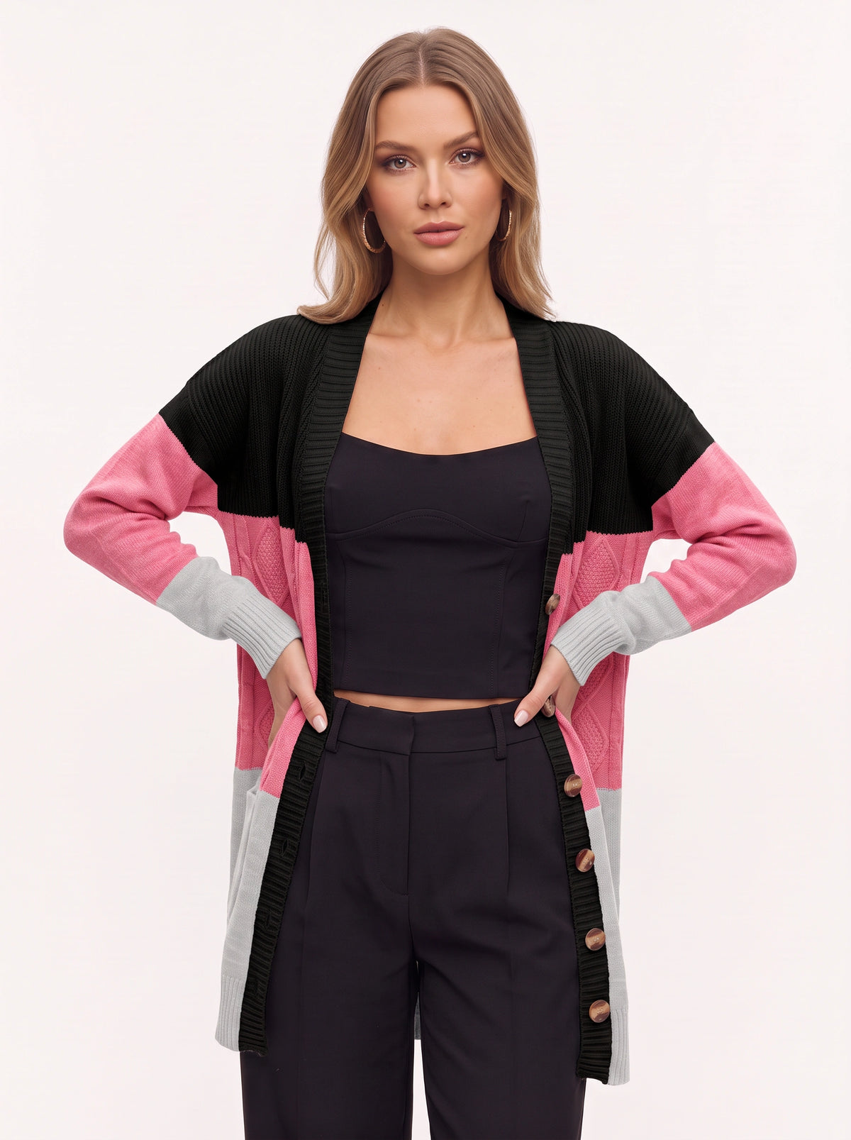 Blokenna Longline Open Front Cardigan – Colourblock Knit Women Oversized Longline Ribbed Cardigan