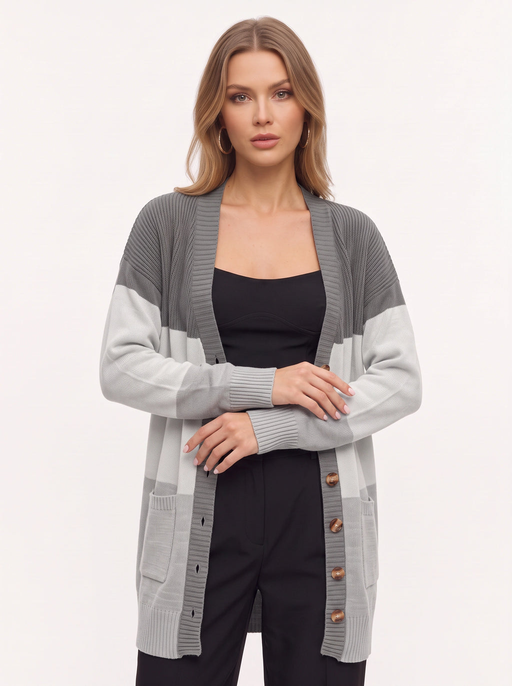 Blokenna Longline Open Front Cardigan – Colourblock Knit Women Oversized Longline Ribbed Cardigan
