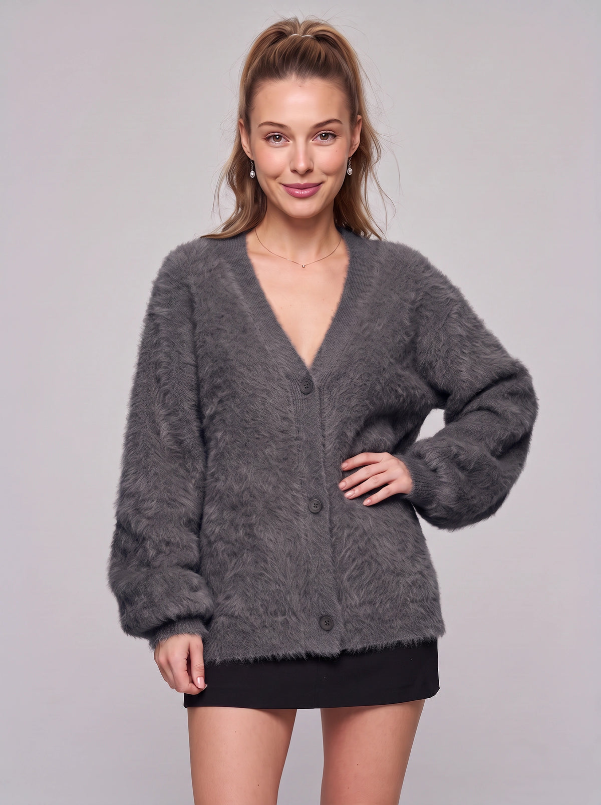Fethyra Fluffy Button-Front Cardigan – Oversized Women Knit Autumn Winter Cosy Longline Cardigan
