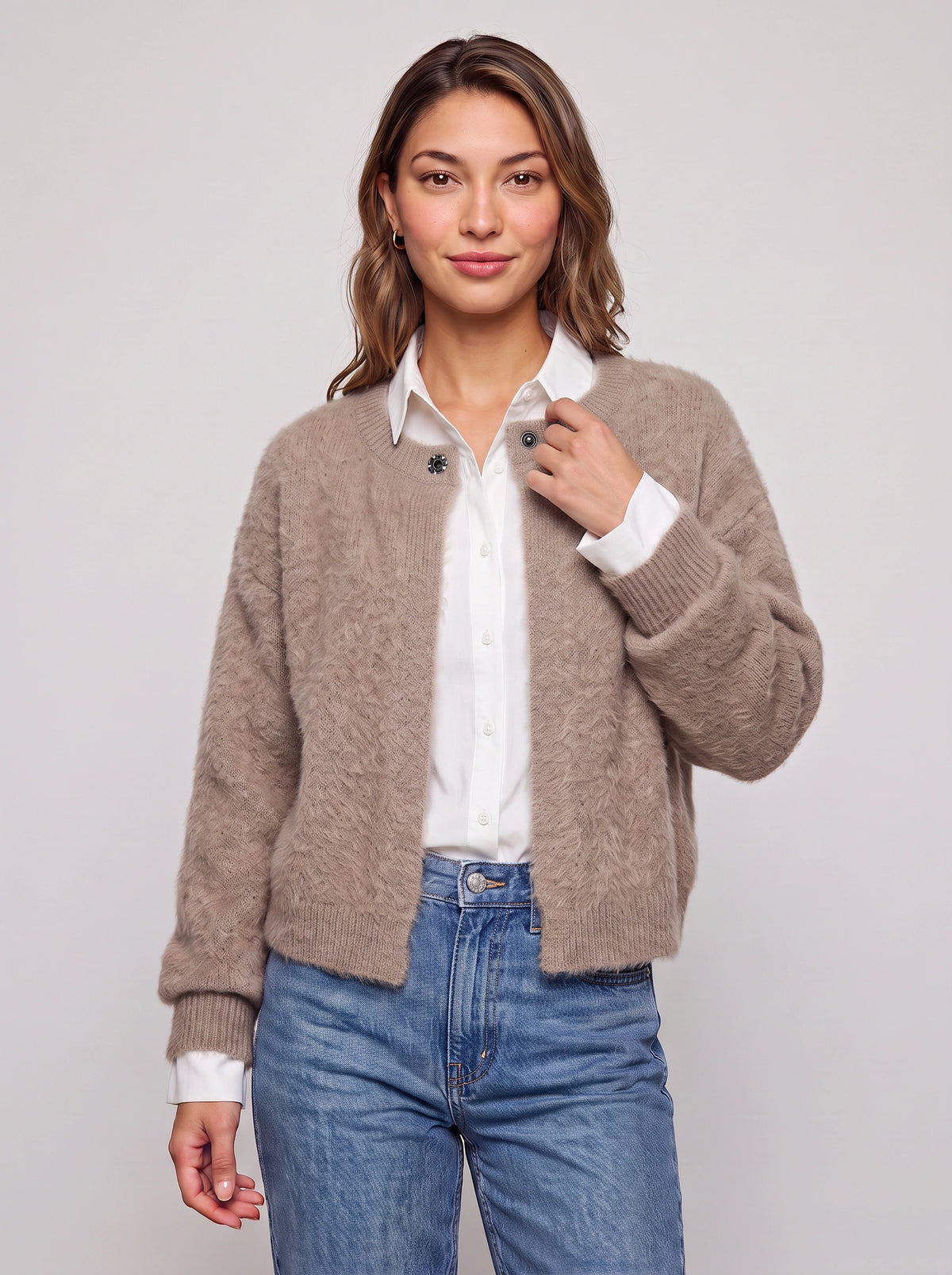 Snafelle Cable-Knit Round Neck Cardigan – Women Wool Blend Casual Autumn Office Layering Cardigan