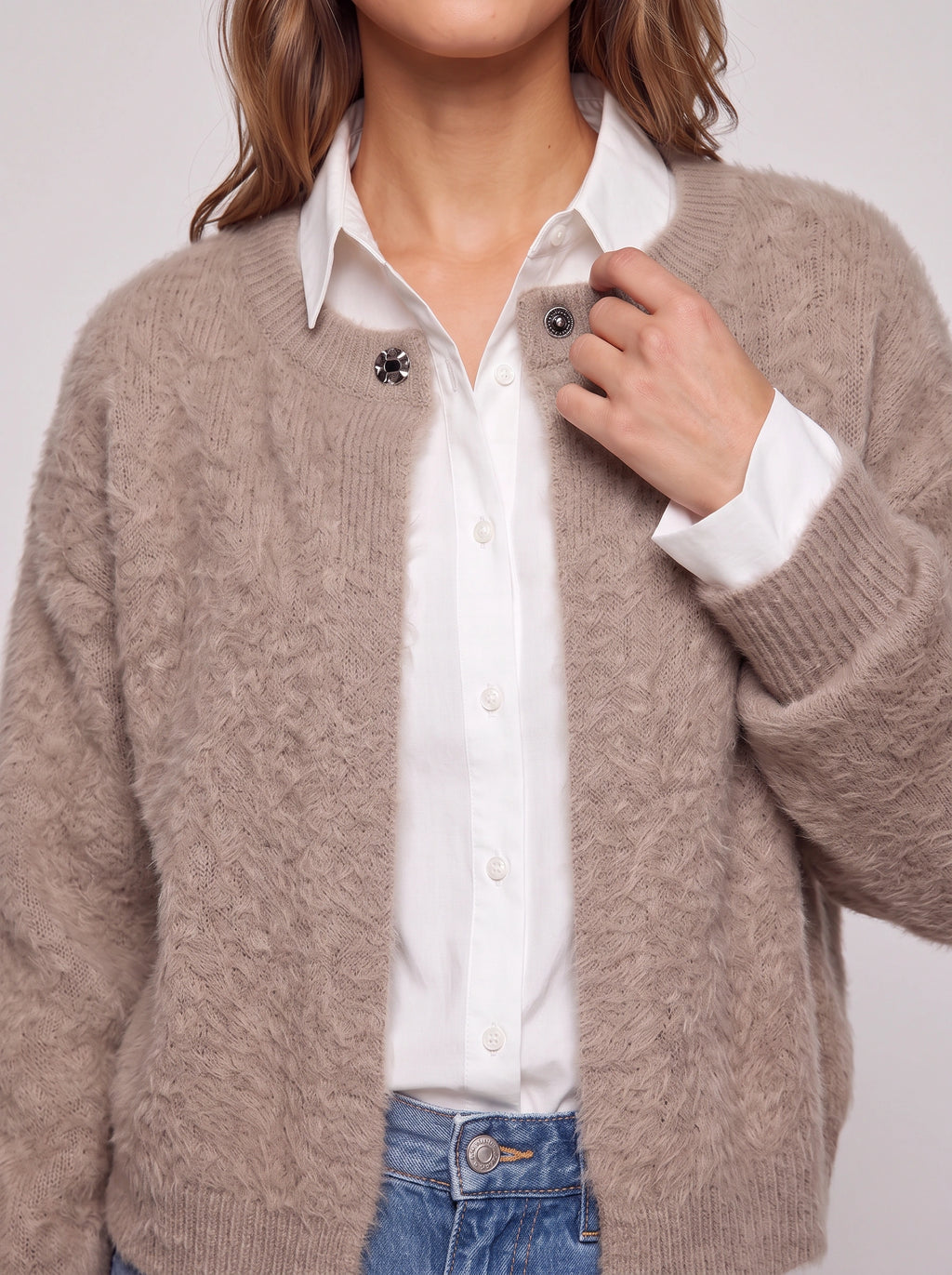 Snafelle Cable-Knit Round Neck Cardigan – Women Wool Blend Casual Autumn Office Layering Cardigan