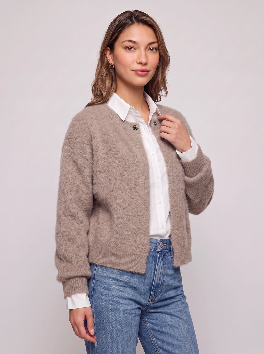 Snafelle Cable-Knit Round Neck Cardigan – Women Wool Blend Casual Autumn Office Layering Cardigan