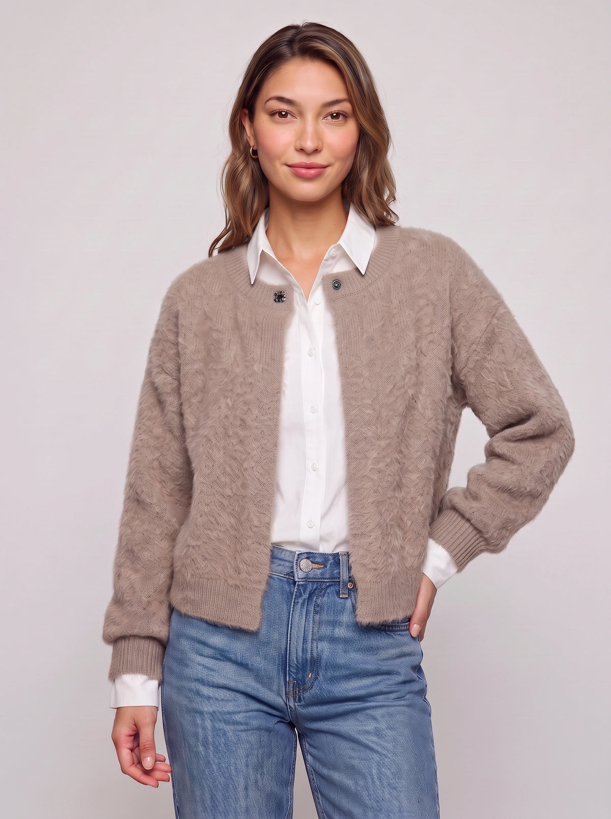 Snafelle Cable-Knit Round Neck Cardigan – Women Wool Blend Casual Autumn Office Layering Cardigan
