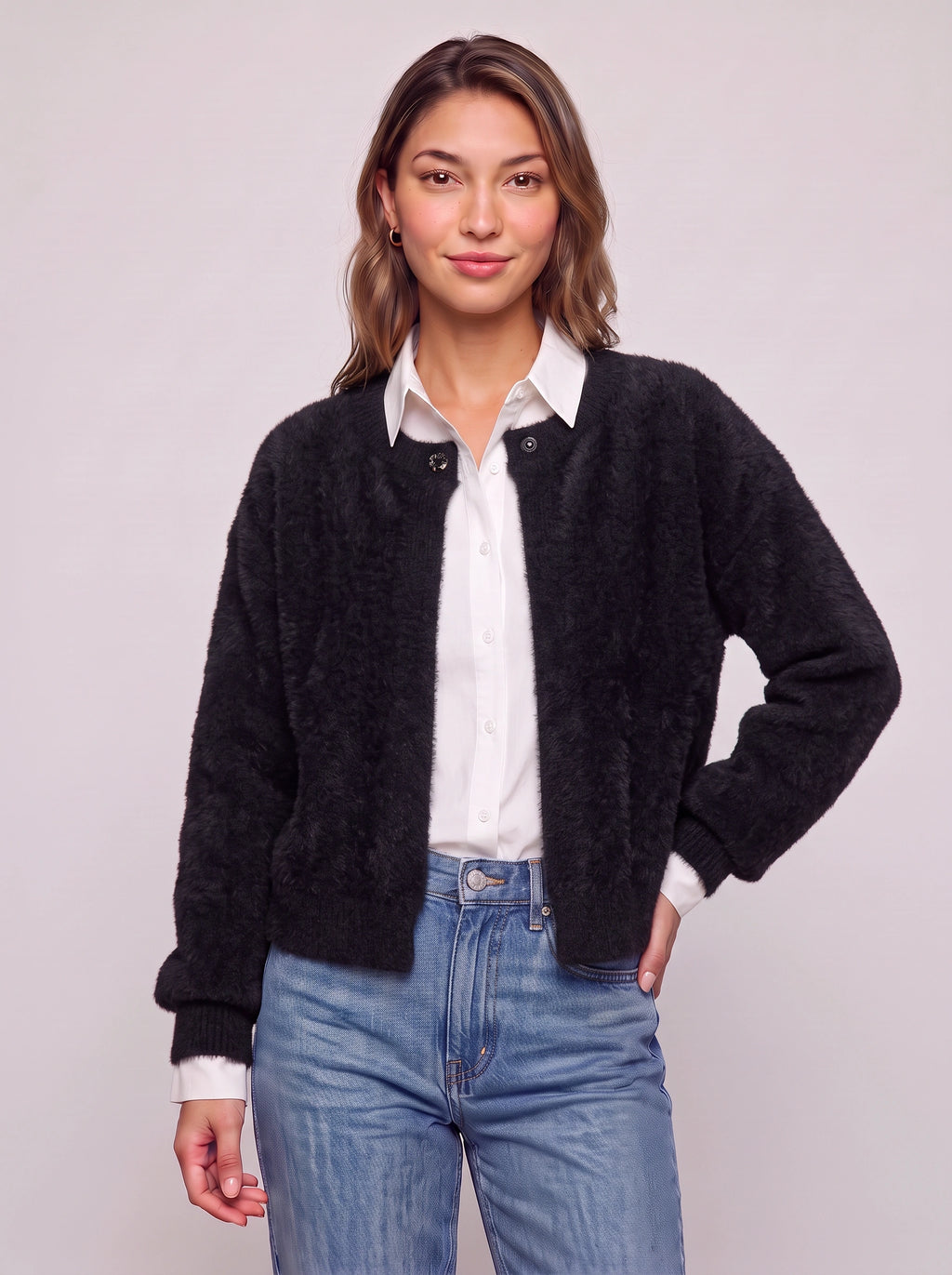 Snafelle Cable-Knit Round Neck Cardigan – Women Wool Blend Casual Autumn Office Layering Cardigan