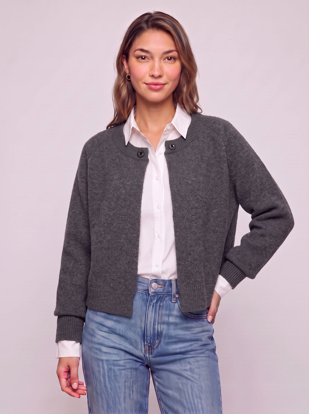 Snafelle Cable-Knit Round Neck Cardigan – Women Wool Blend Casual Autumn Office Layering Cardigan
