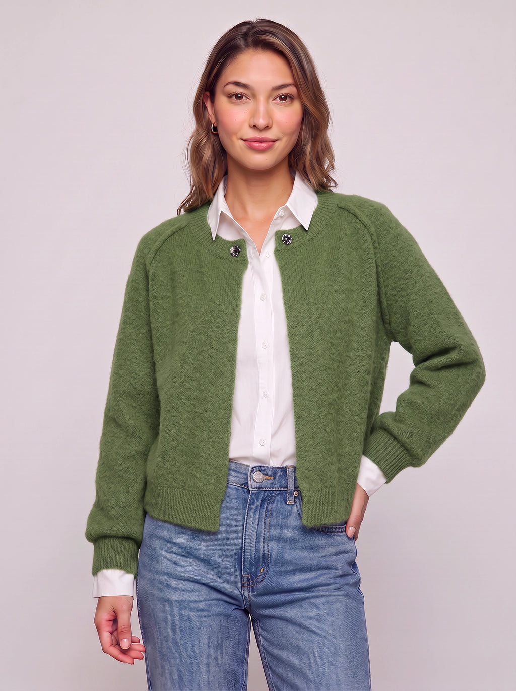 Snafelle Cable-Knit Round Neck Cardigan – Women Wool Blend Casual Autumn Office Layering Cardigan