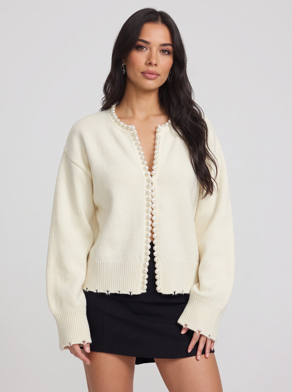 Perledge Pearl Trim Open Cardigan – Oversized Knit Women Casual Autumn Evening Cosy Loungewear Cardigan
