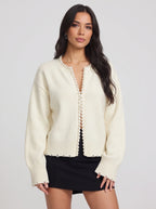 Perledge Pearl Trim Open Cardigan – Oversized Knit Women Casual Autumn Evening Cosy Loungewear Cardigan