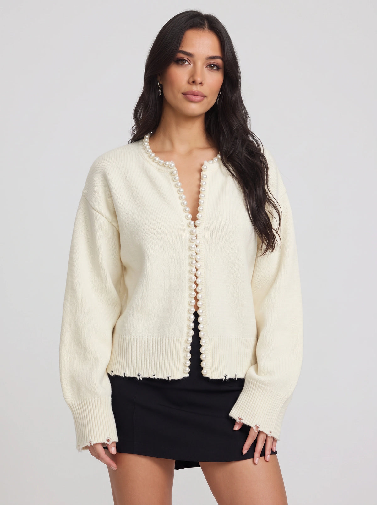 Perledge Pearl Trim Open Cardigan – Oversized Knit Women Casual Autumn Evening Cosy Loungewear Cardigan