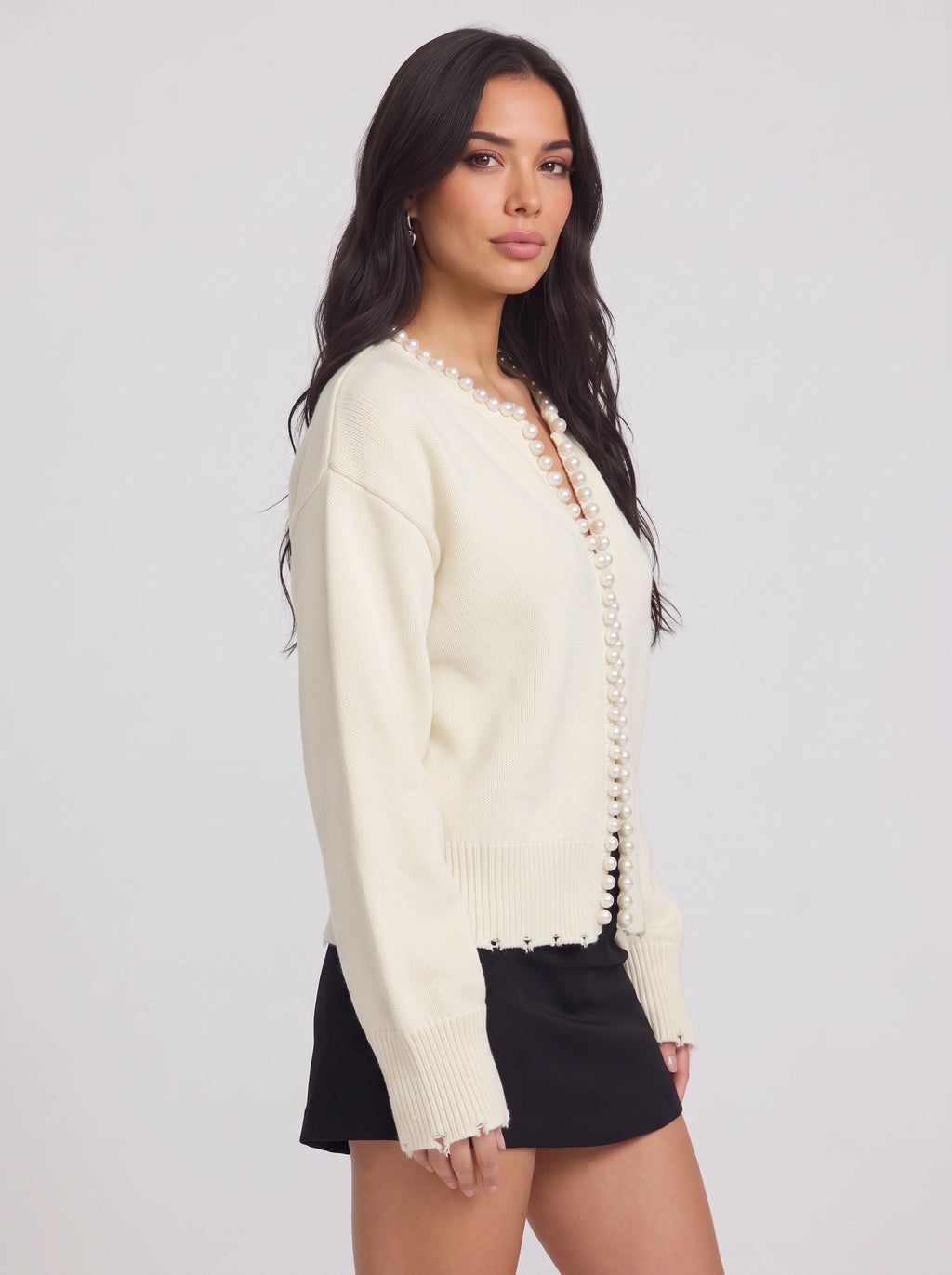 Perledge Pearl Trim Open Cardigan – Oversized Knit Women Casual Autumn Evening Cosy Loungewear Cardigan