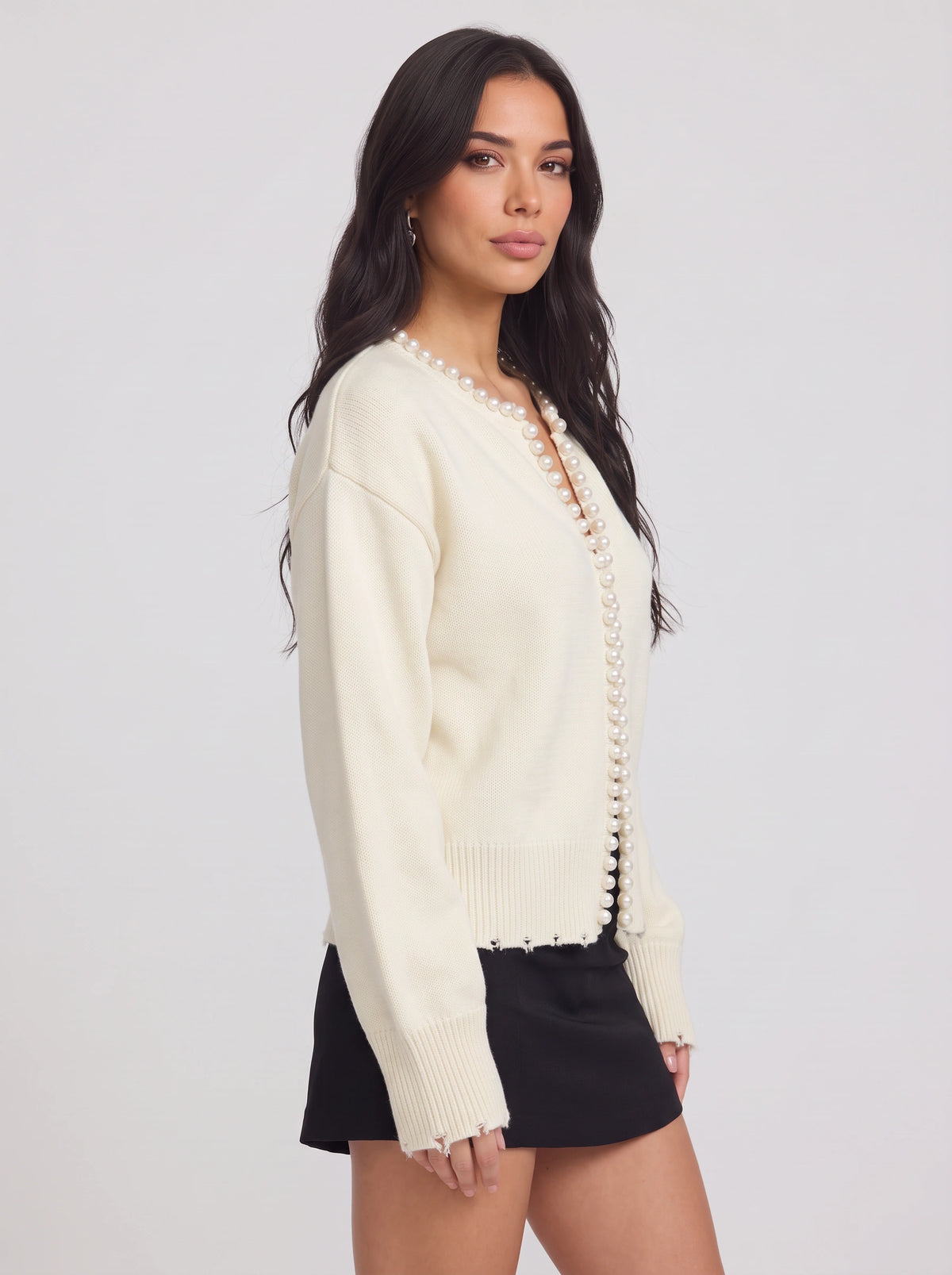 Perledge Pearl Trim Open Cardigan – Oversized Knit Women Casual Autumn Evening Cosy Loungewear Cardigan