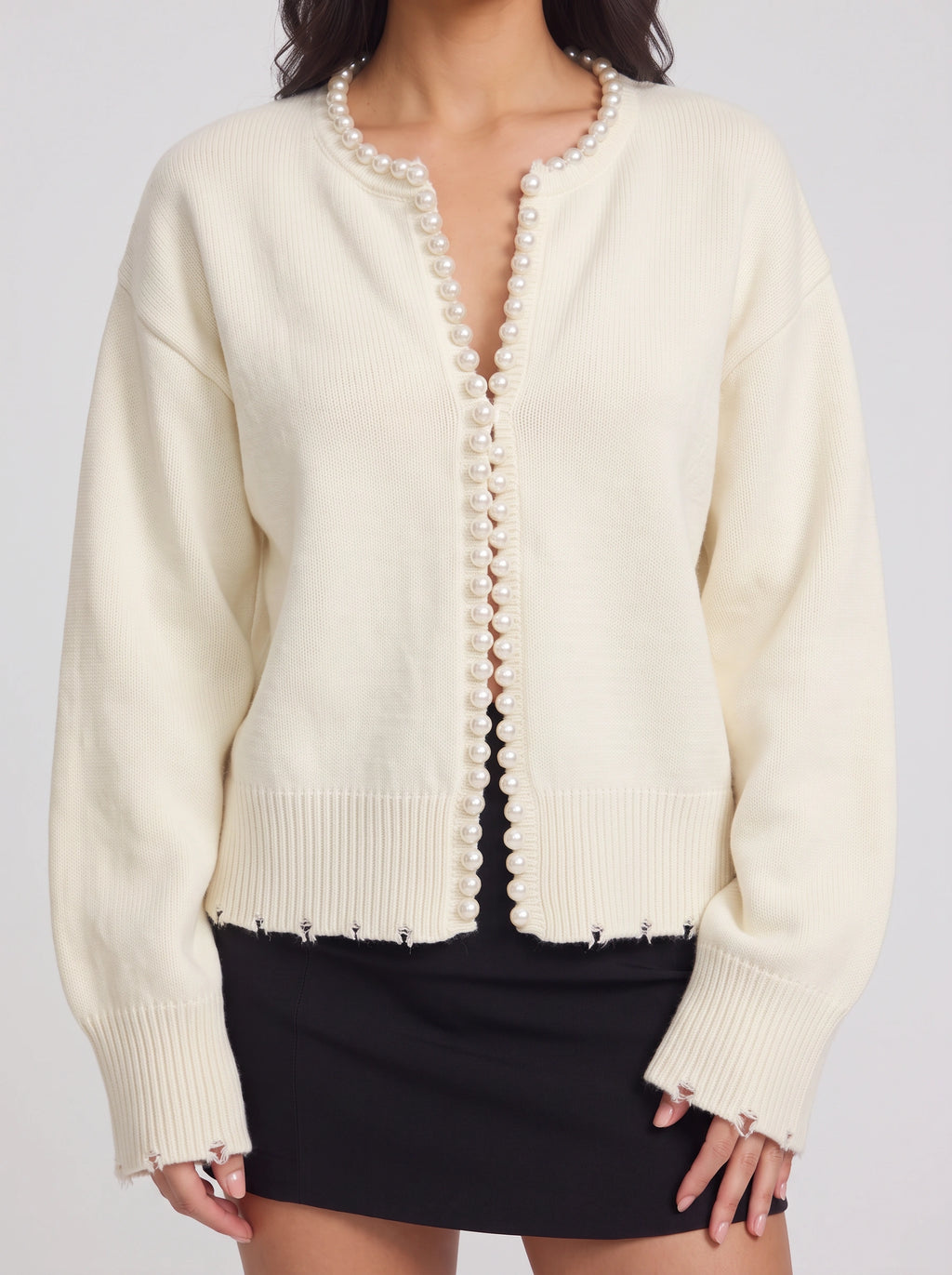 Perledge Pearl Trim Open Cardigan – Oversized Knit Women Casual Autumn Evening Cosy Loungewear Cardigan