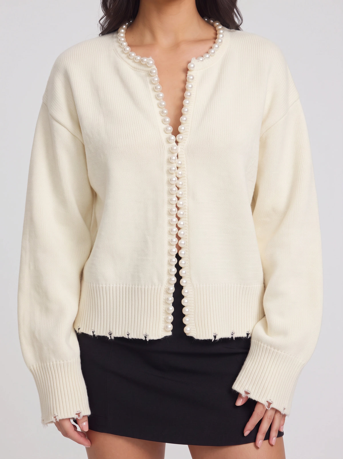 Perledge Pearl Trim Open Cardigan – Oversized Knit Women Casual Autumn Evening Cosy Loungewear Cardigan