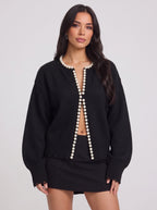 Perledge Pearl Trim Open Cardigan – Oversized Knit Women Casual Autumn Evening Cosy Loungewear Cardigan