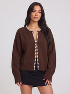 Perledge Pearl Trim Open Cardigan – Oversized Knit Women Casual Autumn Evening Cosy Loungewear Cardigan