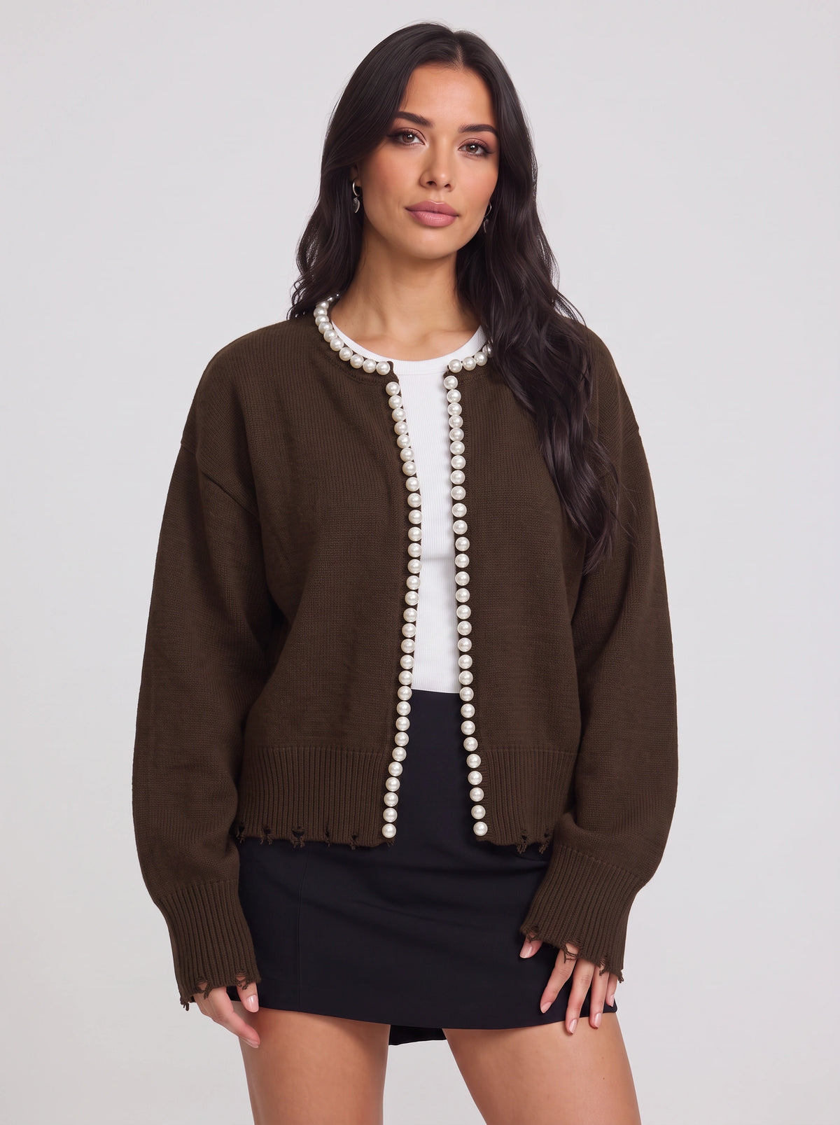 Perledge Pearl Trim Open Cardigan – Oversized Knit Women Casual Autumn Evening Cosy Loungewear Cardigan