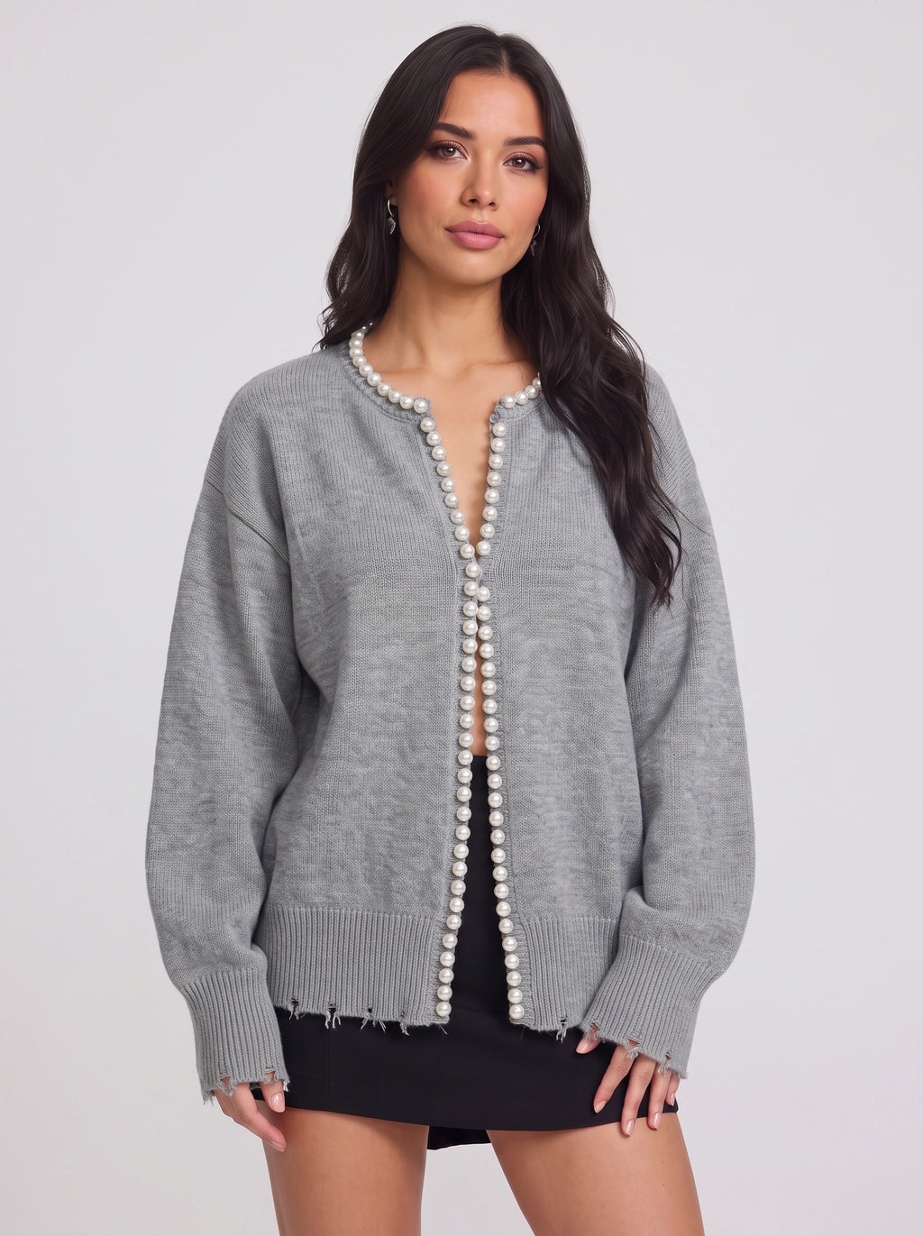 Perledge Pearl Trim Open Cardigan – Oversized Knit Women Casual Autumn Evening Cosy Loungewear Cardigan