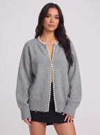 Perledge Pearl Trim Open Cardigan – Oversized Knit Women Casual Autumn Evening Cosy Loungewear Cardigan