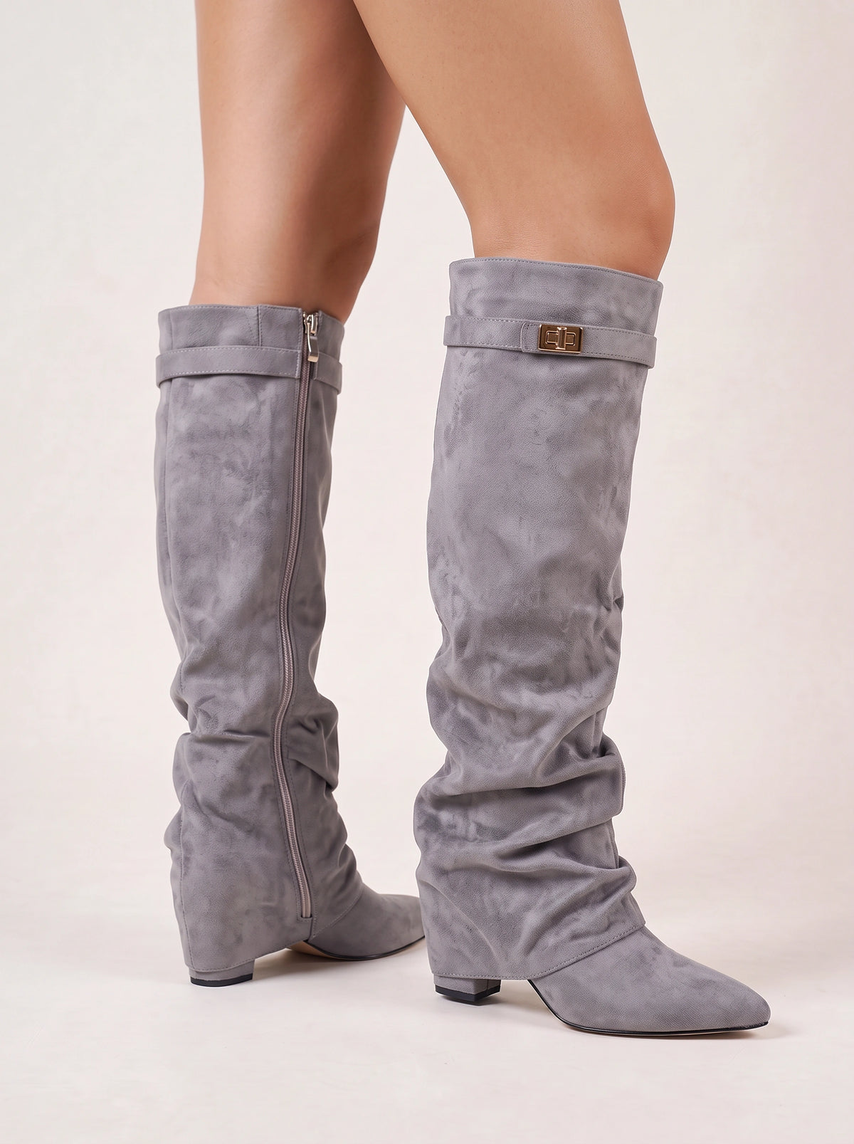 Slouvert Slouchy Knee-High Boots – Suede Block Heel Women Autumn Winter Knee High Boots