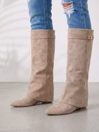 Foldrix Suede Knee High Boots – Women Flat Heel Fold Over Cuff Autumn Winter Smart Casual Boots