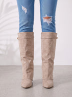 Foldrix Suede Knee High Boots – Women Flat Heel Fold Over Cuff Autumn Winter Smart Casual Boots