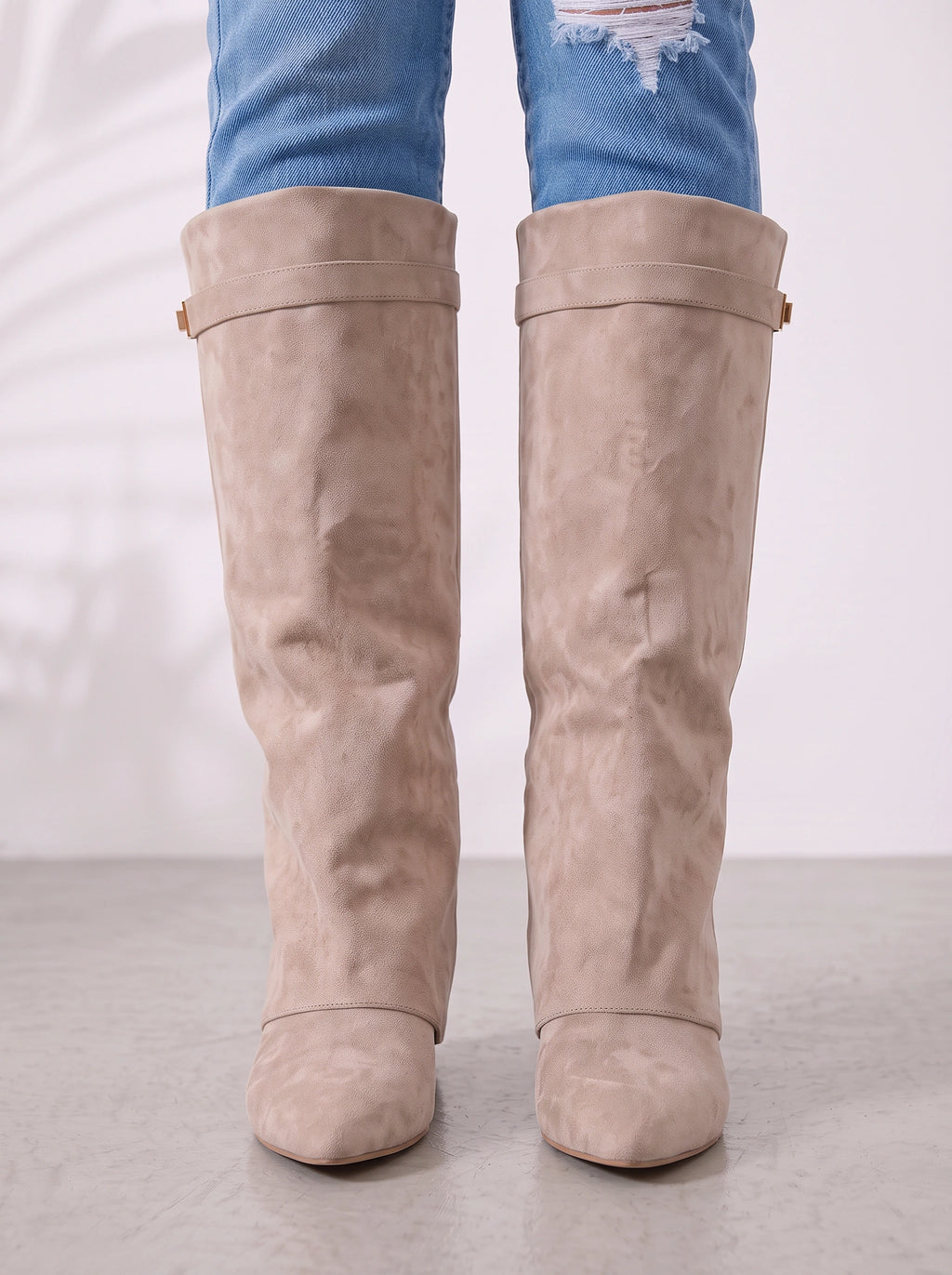 Foldrix Suede Knee High Boots – Women Flat Heel Fold Over Cuff Autumn Winter Smart Casual Boots