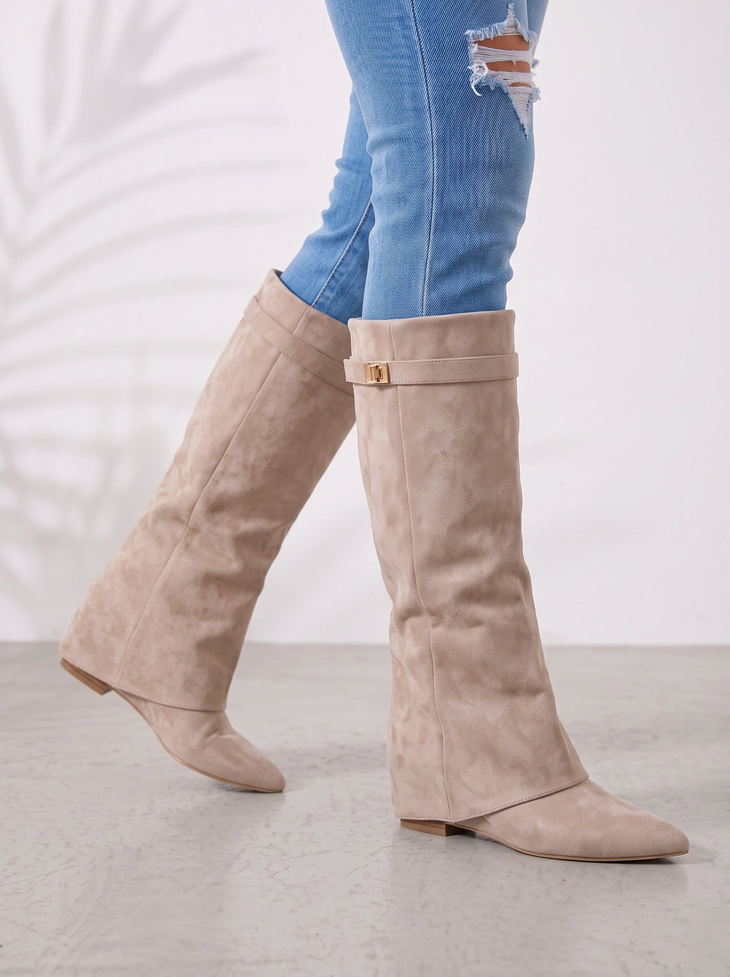 Foldrix Suede Knee High Boots – Women Flat Heel Fold Over Cuff Autumn Winter Smart Casual Boots