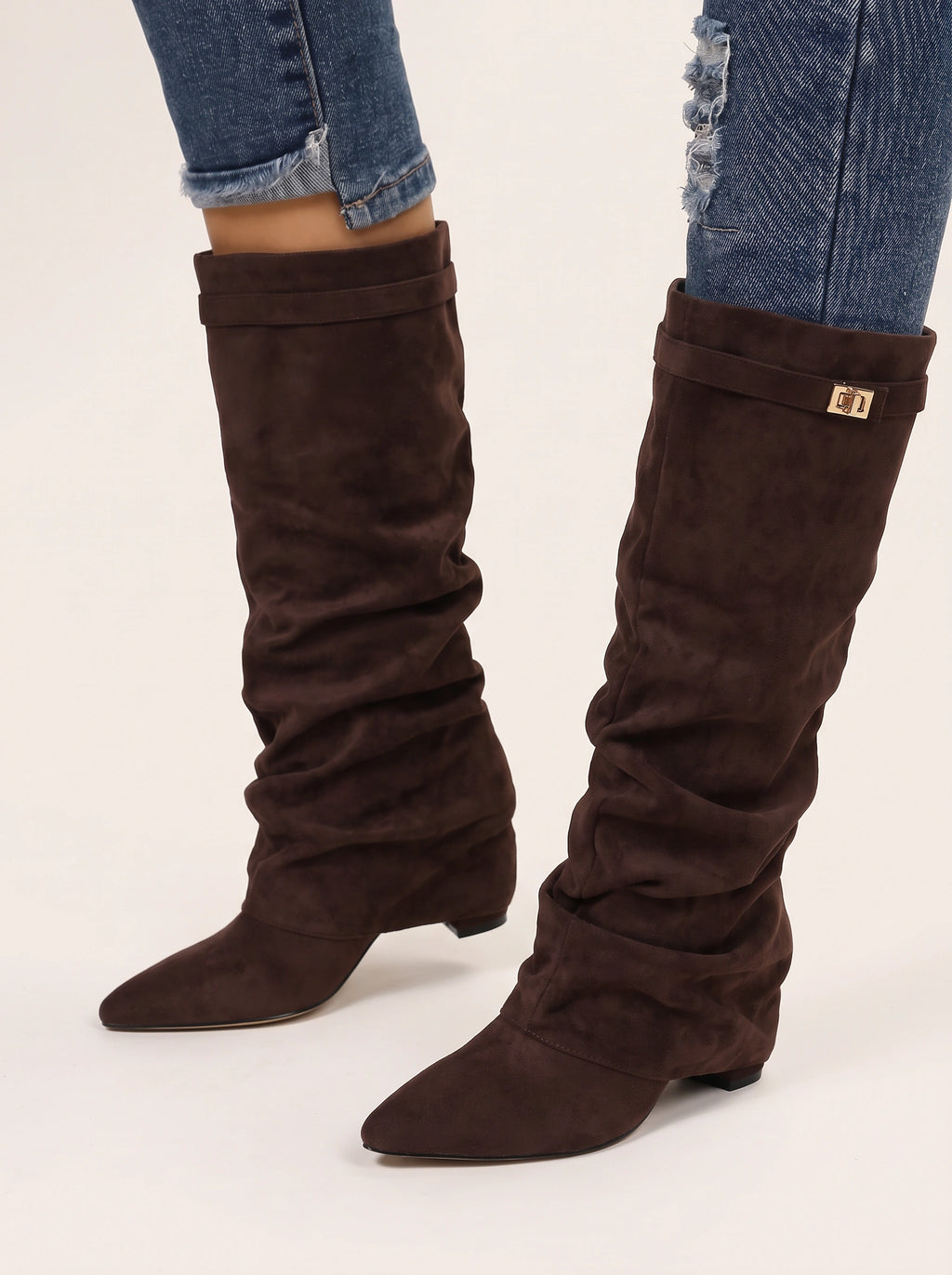 Lockaspa Slouchy Suede Knee High Boots – Women Knee High Slouch Boots Ladies Autumn Winter Office Casual Wedge Heel Boots