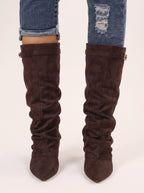 Lockaspa Slouchy Suede Knee High Boots – Women Knee High Slouch Boots Ladies Autumn Winter Office Casual Wedge Heel Boots