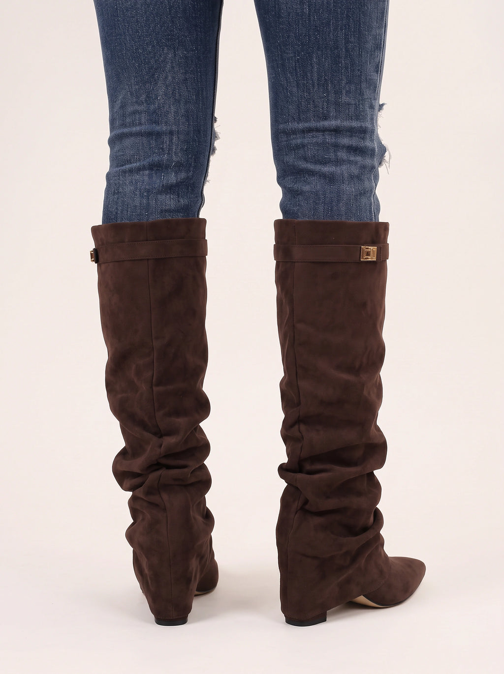 Lockaspa Slouchy Suede Knee High Boots – Women Knee High Slouch Boots Ladies Autumn Winter Office Casual Wedge Heel Boots