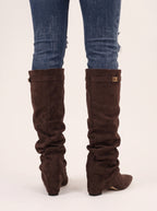 Lockaspa Slouchy Suede Knee High Boots – Women Knee High Slouch Boots Ladies Autumn Winter Office Casual Wedge Heel Boots