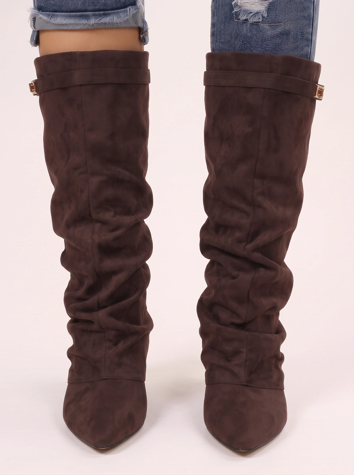 Lockaspa Slouchy Suede Knee High Boots – Women Knee High Slouch Boots Ladies Autumn Winter Office Casual Wedge Heel Boots