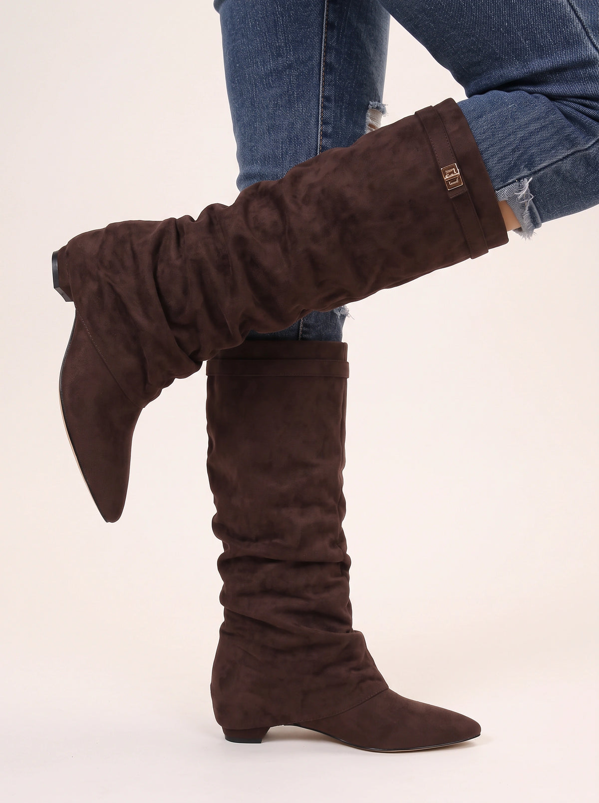 Lockaspa Slouchy Suede Knee High Boots – Women Knee High Slouch Boots Ladies Autumn Winter Office Casual Wedge Heel Boots