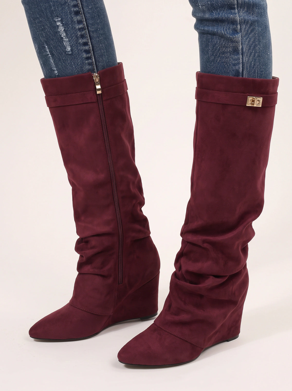 Slouryx Suede Knee-High Wedge Boots – Slouchy Knee High Wedge Boots Women Autumn Winter Evening Smart Casual
