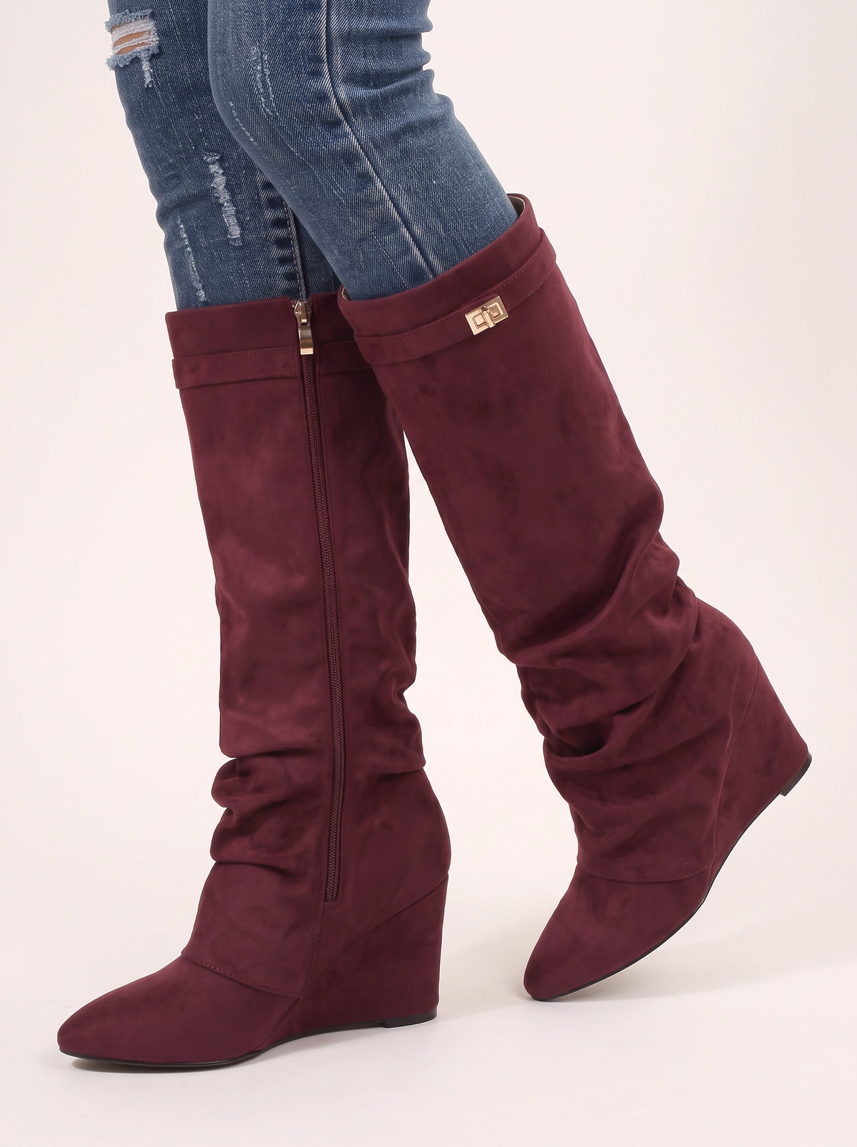 Slouryx Suede Knee-High Wedge Boots – Slouchy Knee High Wedge Boots Women Autumn Winter Evening Smart Casual