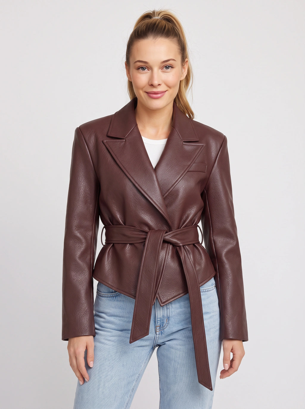 Traibel Belted Cropped Leather Blazer – Women Faux Leather Jacket Tailored Wide Lapel Autumn Outerwear