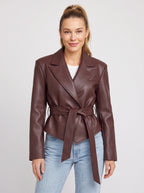 Traibel Belted Cropped Leather Blazer – Women Faux Leather Jacket Tailored Wide Lapel Autumn Outerwear