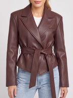 Traibel Belted Cropped Leather Blazer – Women Faux Leather Jacket Tailored Wide Lapel Autumn Outerwear