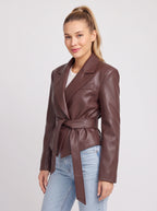 Traibel Belted Cropped Leather Blazer – Women Faux Leather Jacket Tailored Wide Lapel Autumn Outerwear