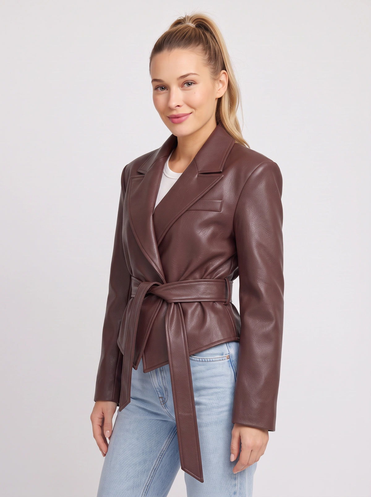 Traibel Belted Cropped Leather Blazer – Women Faux Leather Jacket Tailored Wide Lapel Autumn Outerwear
