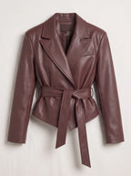 Traibel Belted Cropped Leather Blazer – Women Faux Leather Jacket Tailored Wide Lapel Autumn Outerwear