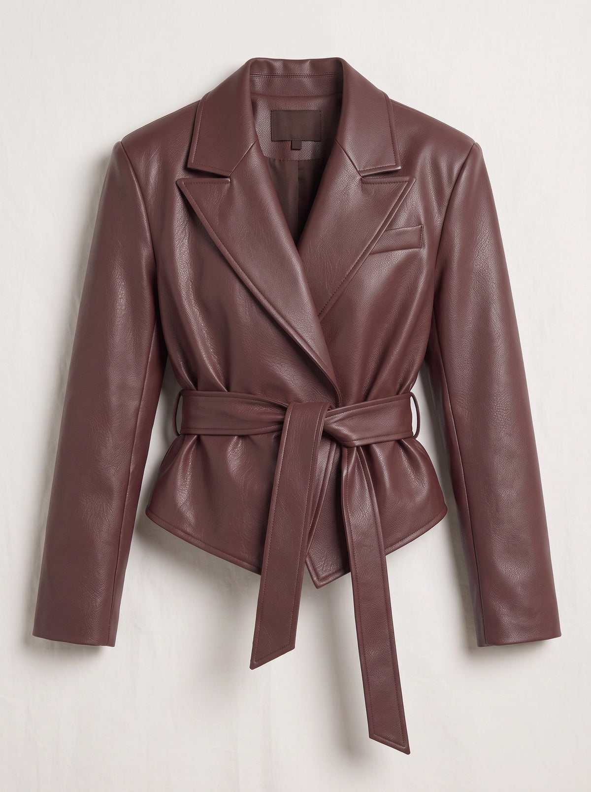 Traibel Belted Cropped Leather Blazer – Women Faux Leather Jacket Tailored Wide Lapel Autumn Outerwear